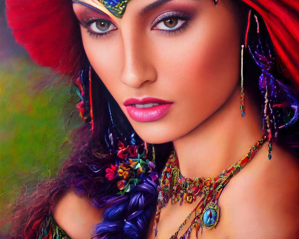 Portrait of a Woman with Vibrant Headdress, Blue Braid, and Bohemian Style