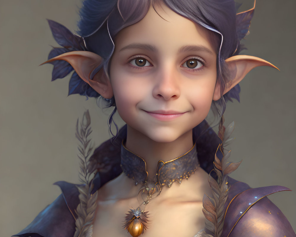 Fantasy-style digital art portrait of young character with purple hair and ornate armor