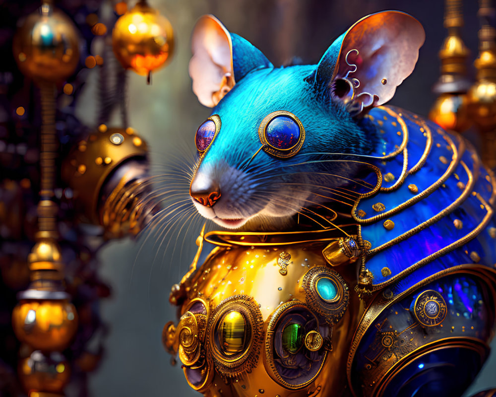 Detailed Steampunk Robotic Mouse Illustration in Gold and Blue