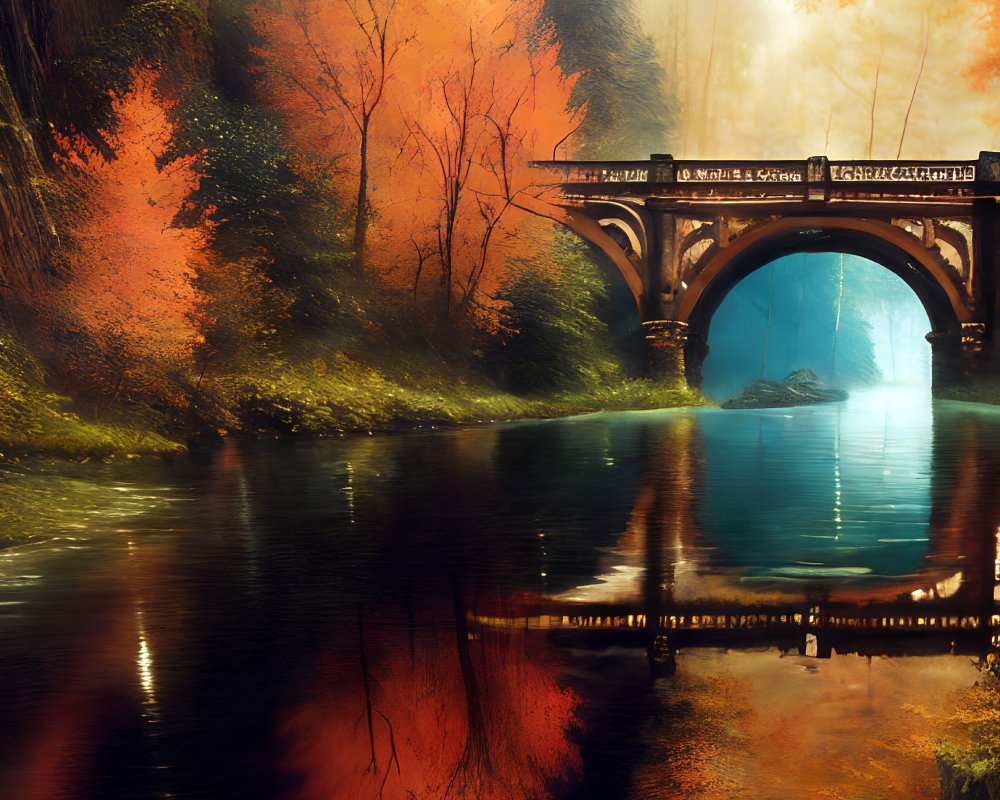 Tranquil autumn landscape with stone bridge, calm river, orange foliage, and warm light.