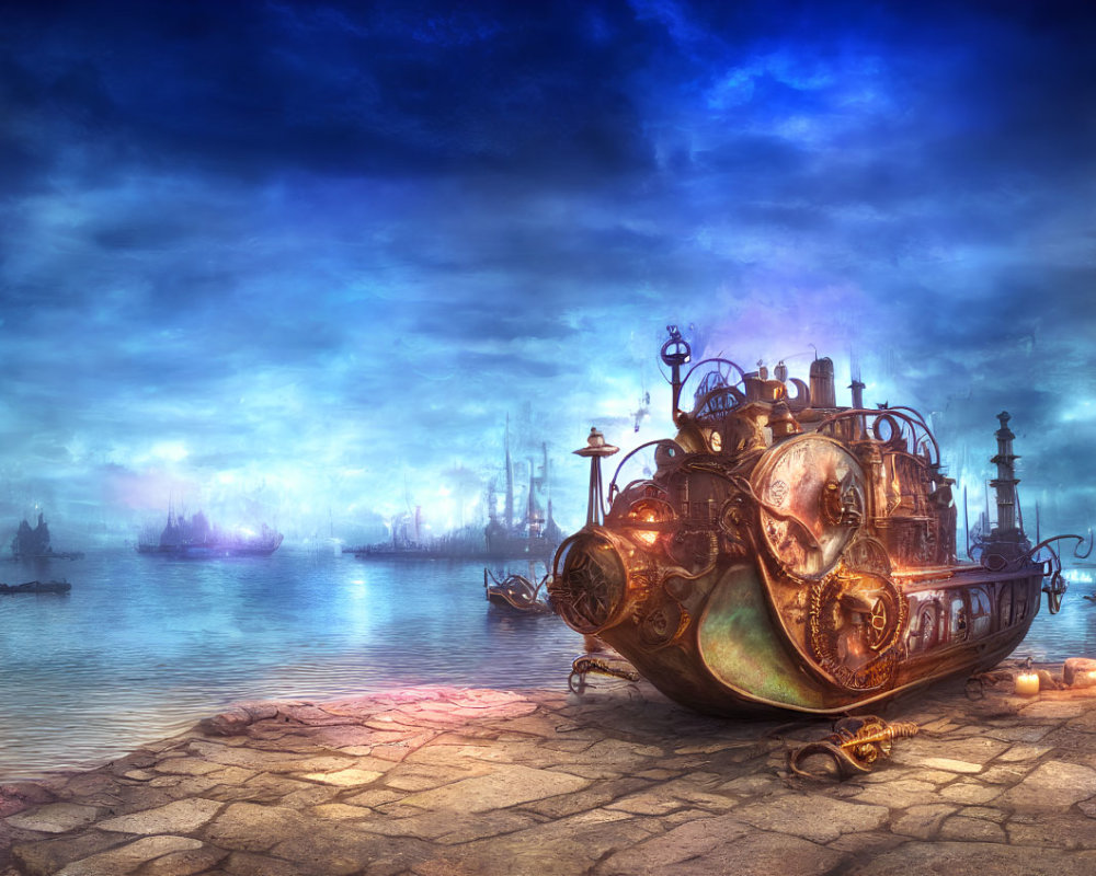 Steampunk submarine on cobblestone dock with sailing ships and misty sky