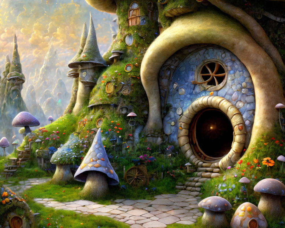 Fantasy landscape with mushroom houses and vibrant flowers