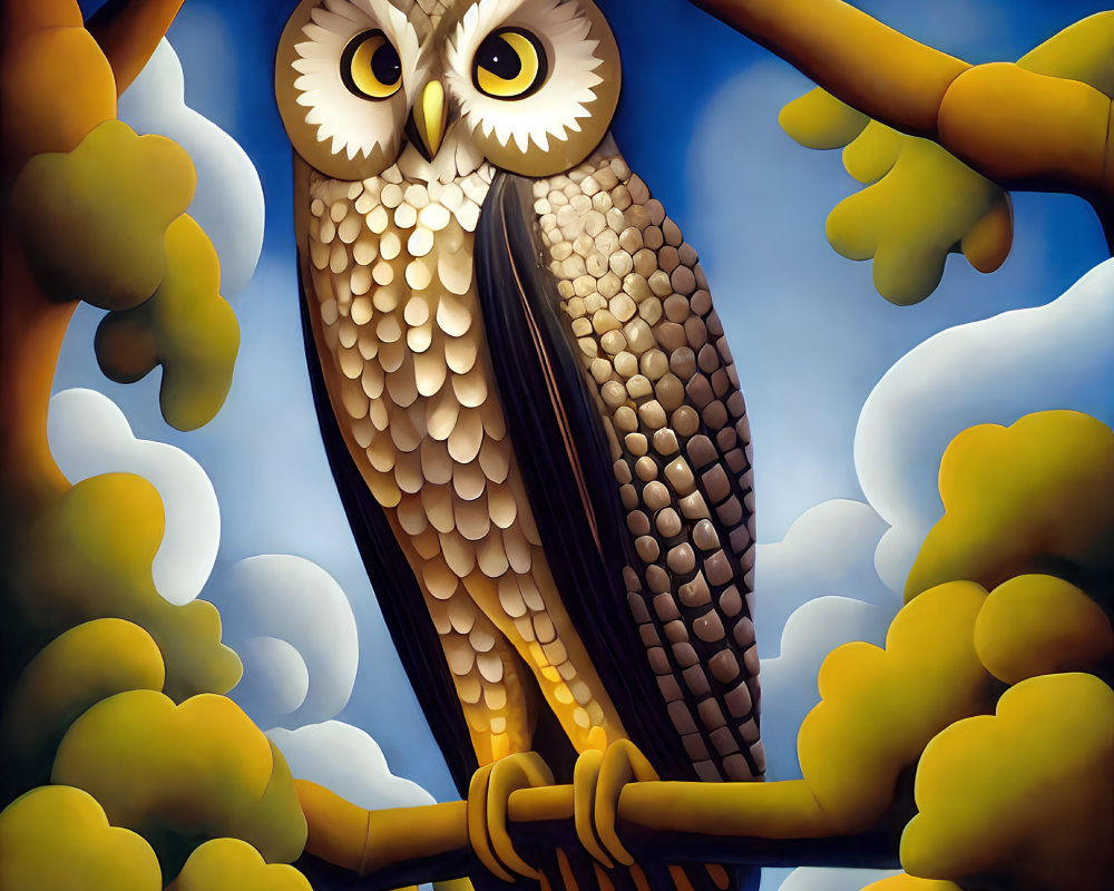 Stylized owl perched on branch against blue sky and foliage