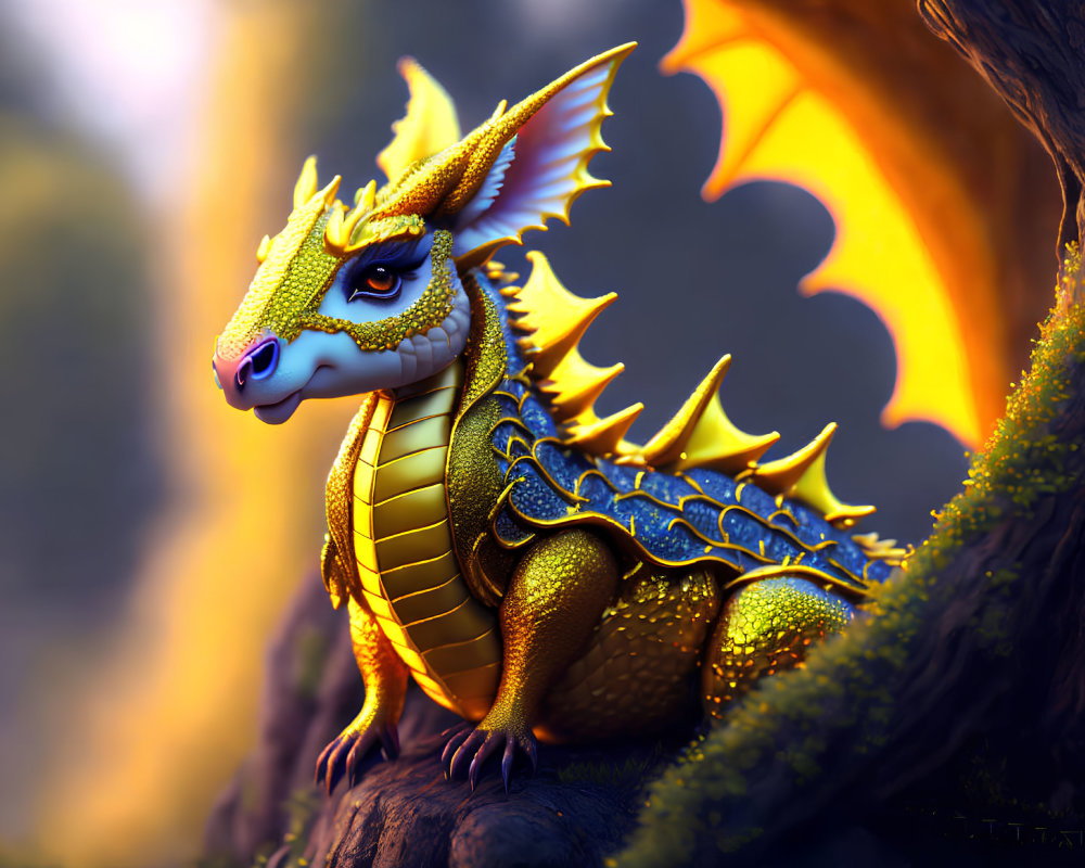 Golden dragon with orange wings perched on tree in mystical forest