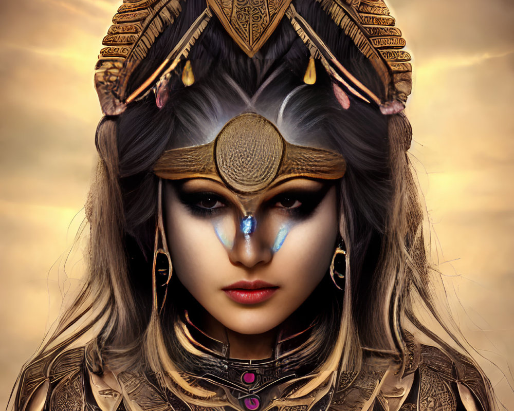 Digital art portrait of a woman with fantasy makeup, golden headdress, armor, under dramatic sky