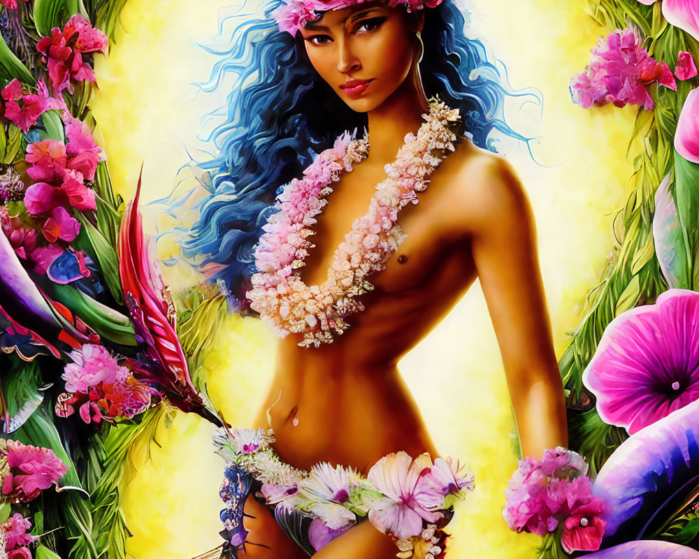 Stylized portrait of woman with floral lei in lush flower setting