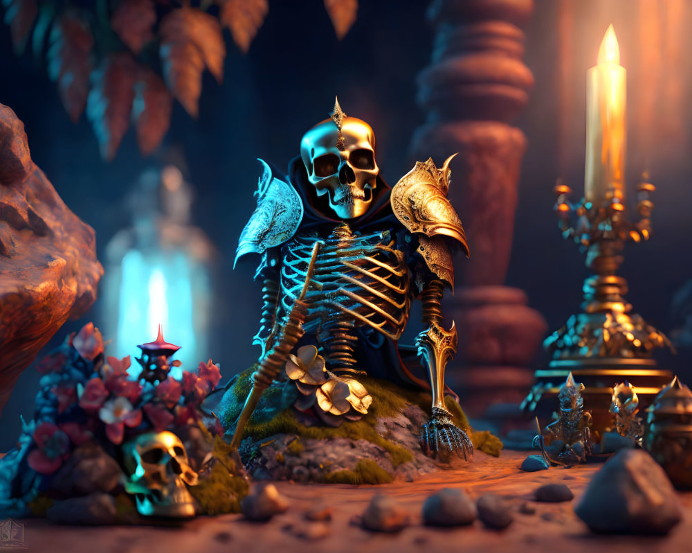 Skeletal figure with scepter, candles, skulls, and foliage in dim setting