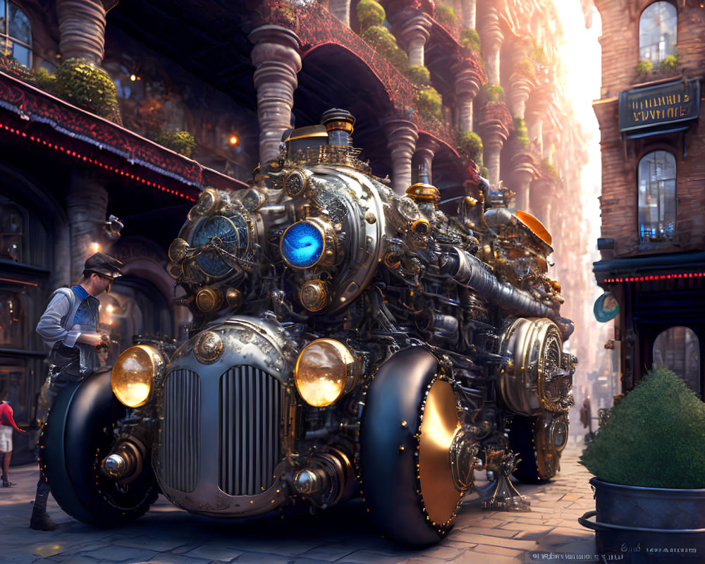 Intricate steampunk vehicle on bustling street