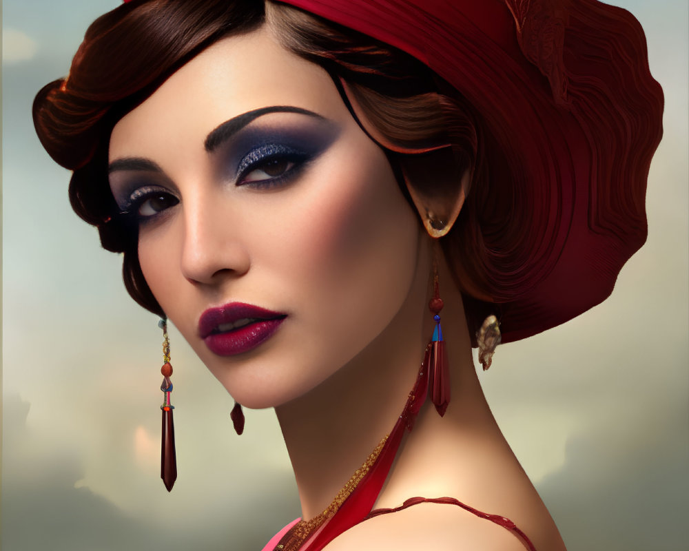 Stylized portrait of woman in red turban, dramatic makeup, colorful dress