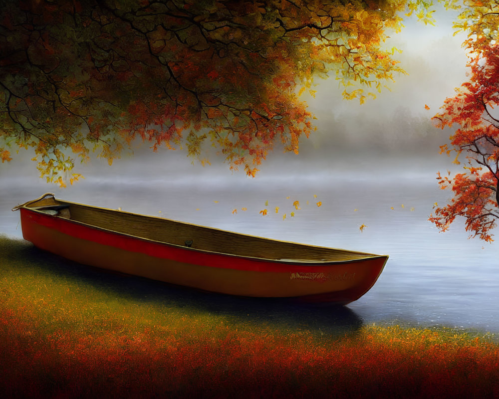 Tranquil autumn landscape with red canoe by misty lake