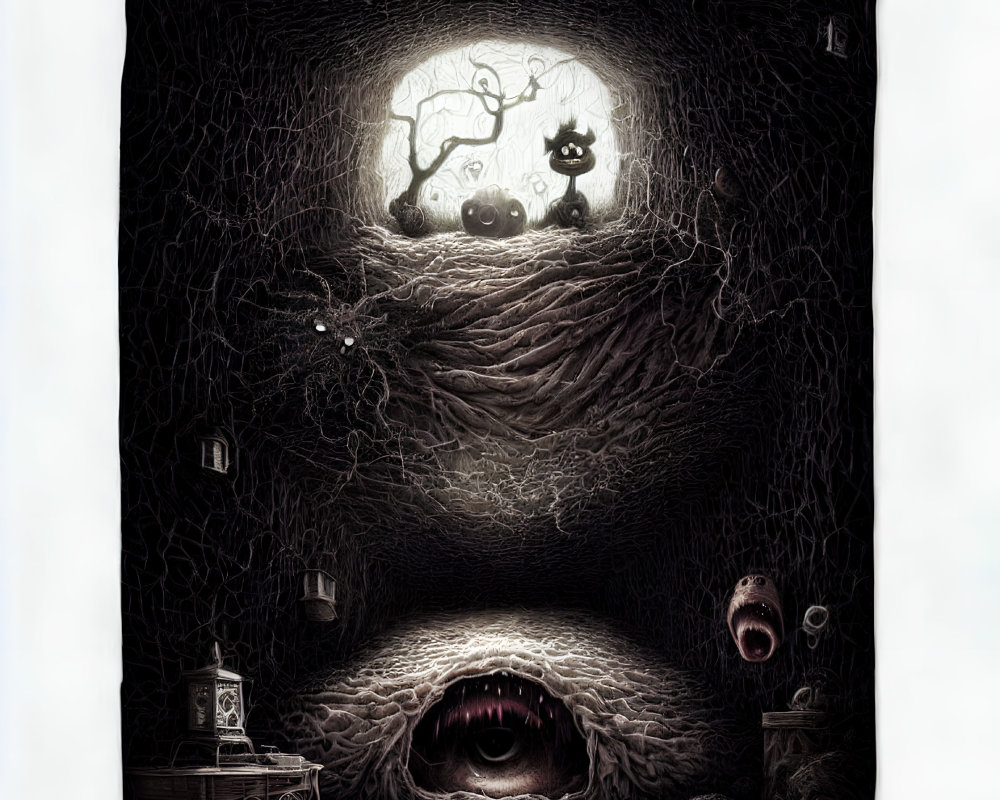 Dark room with mouth, eye, black tree, and entwined creatures.