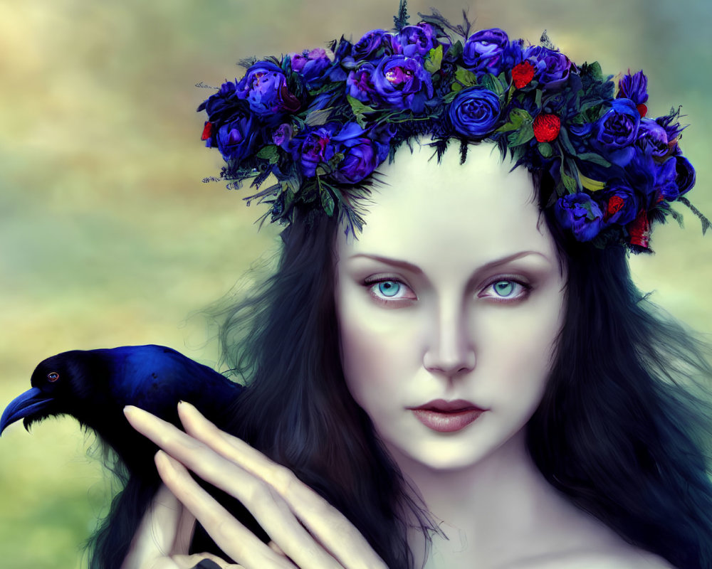 Woman with Blue Roses and Raven in Misty Background