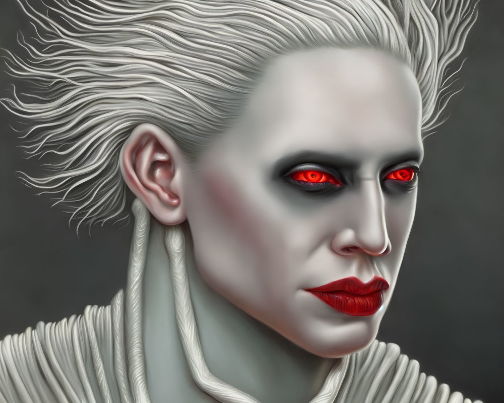 Portrait of person with pale skin, white hair, red eyes, and red lipstick on grey background