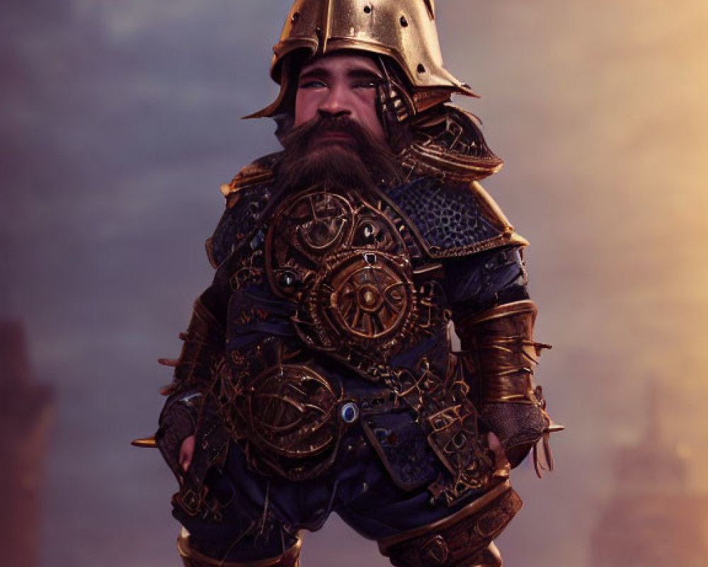 Fantasy-themed image: Stout dwarf in ornate armor on rocky terrain