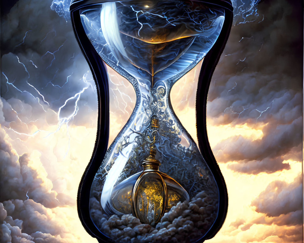 Ornate hourglass with stormy sky symbolizing time, power, and nature