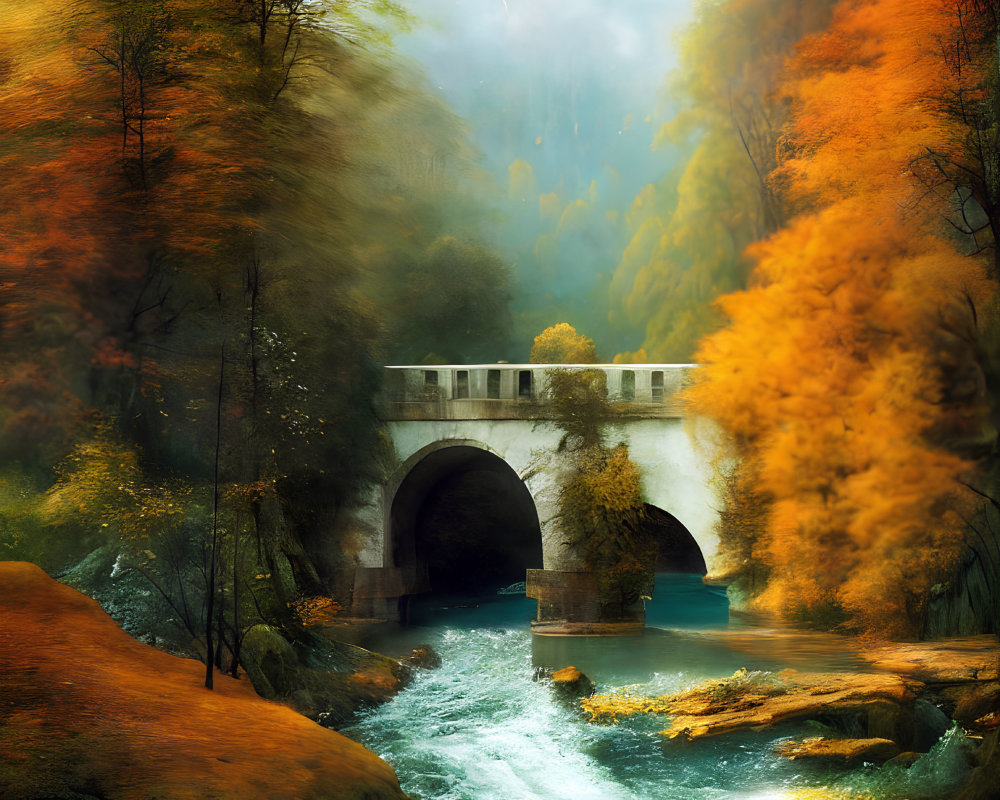 Tranquil autumn landscape with stone bridge and misty trees