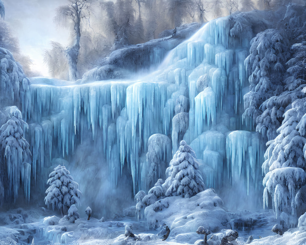 Frozen waterfall and snow-covered trees in serene winter landscape