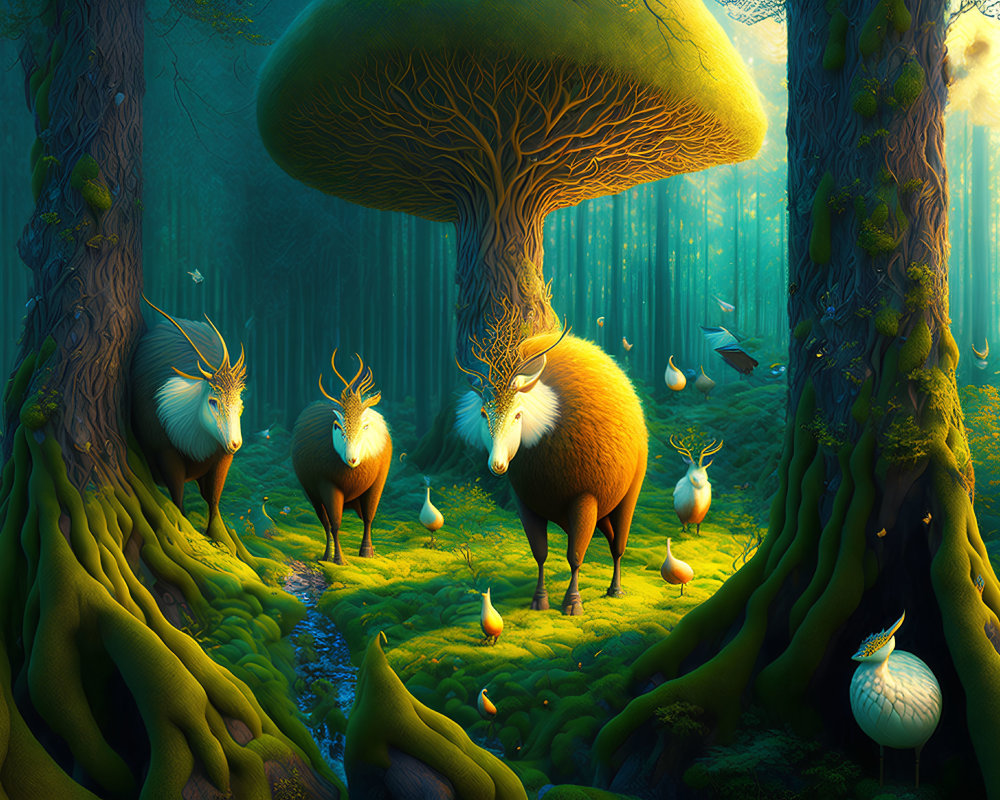 Enchanting forest with oversized mushrooms and glowing creatures