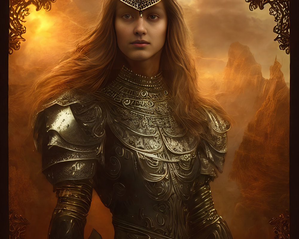 Regal warrior woman in ornate armor with jeweled headpiece in fantasy landscape.