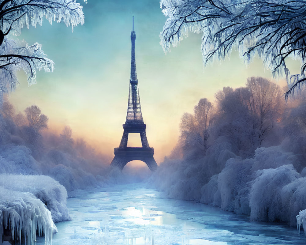 Frost-covered Eiffel Tower in wintry landscape with frozen river and sunrise colors.