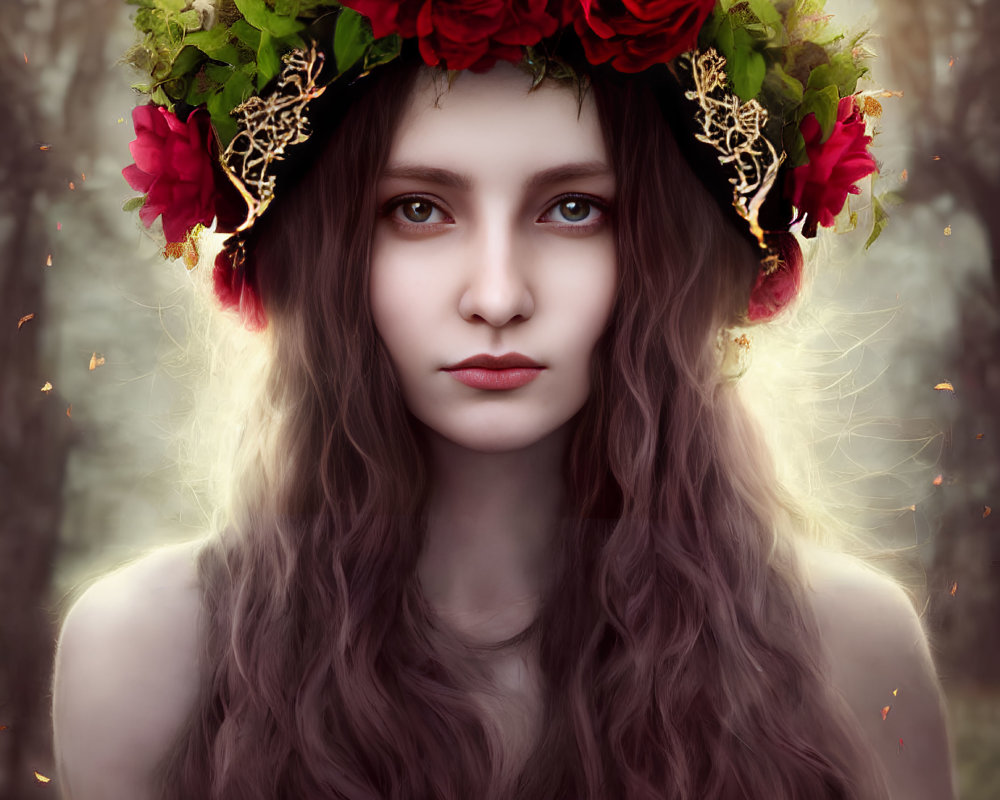 Woman with long wavy hair in floral crown against natural backdrop