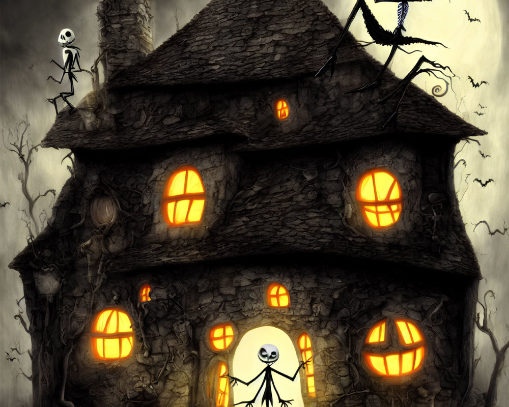 Spooky Halloween illustration: skeletal figures, witch's cottage, glowing windows