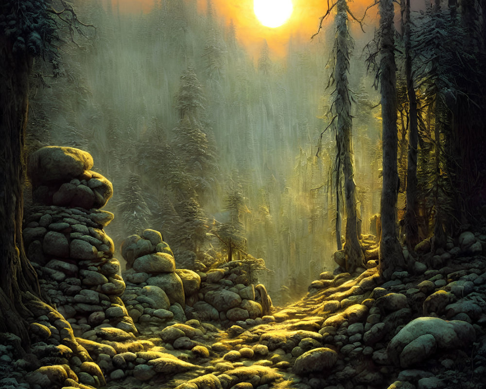 Enchanting forest path with rocky outcrops and towering trees in golden sunlight