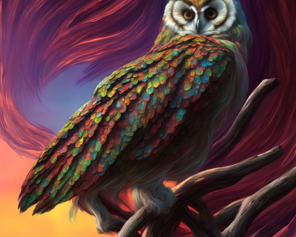 Colorful fantasy owl on twisted branch at sunset