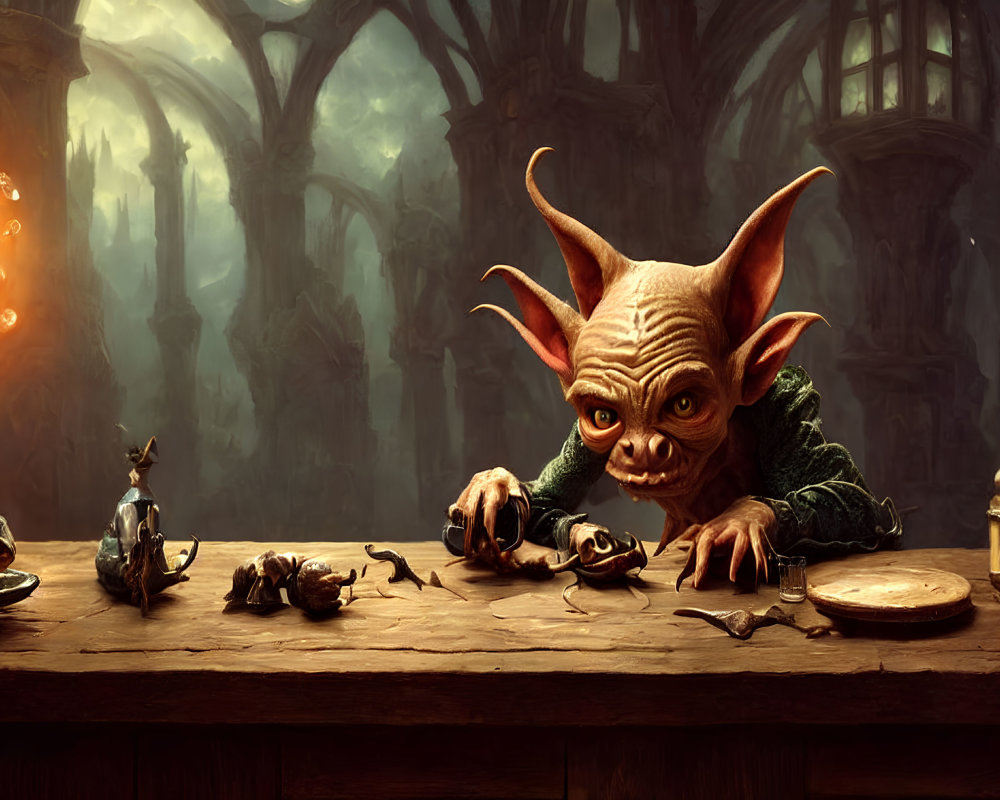 Goblin with large ears examines mechanical insects at wooden table