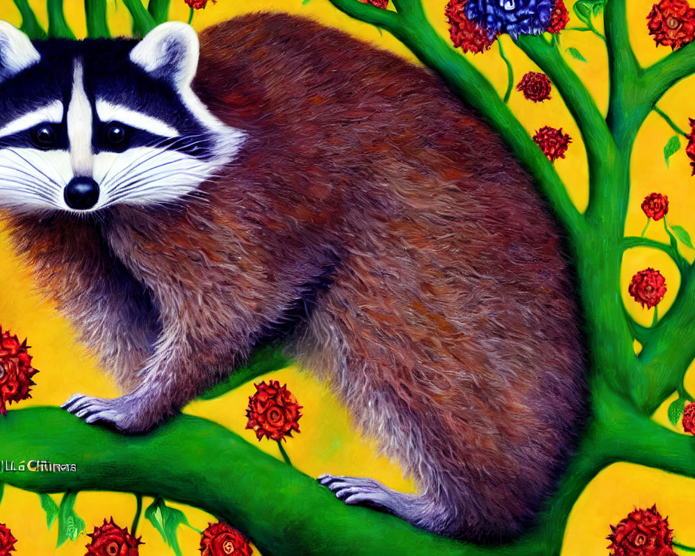 Vibrant raccoon illustration on tree branch with colorful floral backdrop