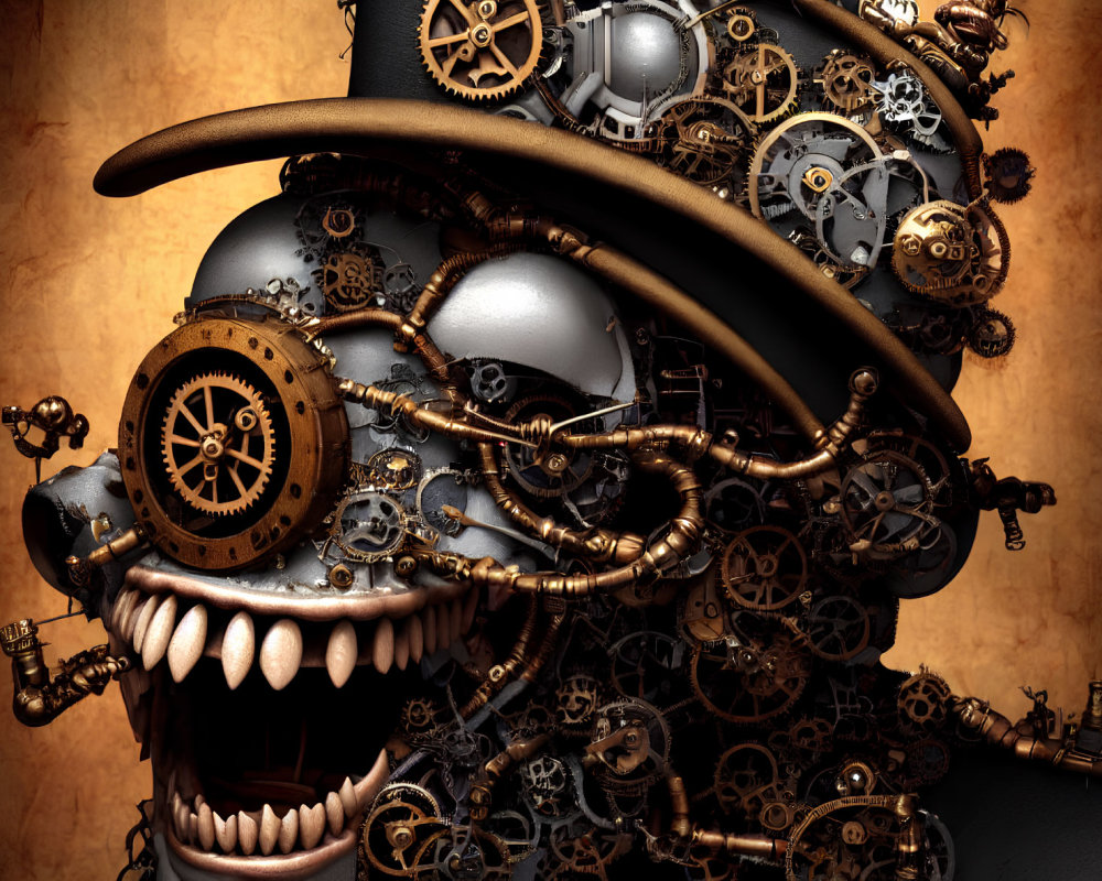 Skull with gears and industrial elements on warm background