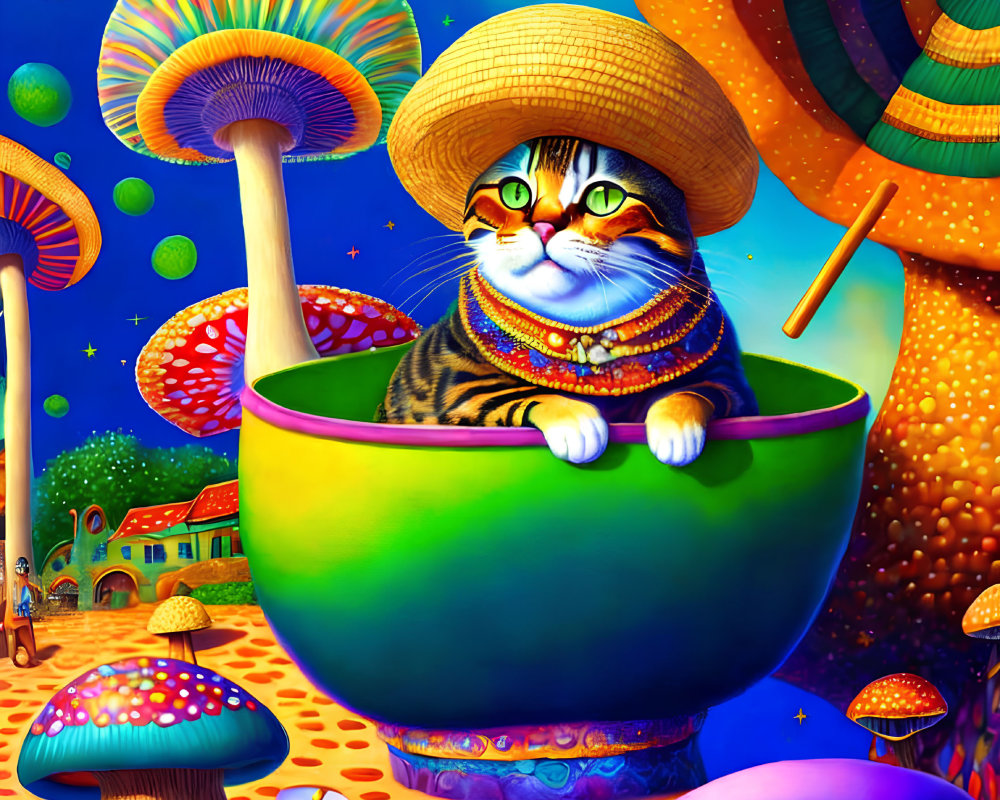 Chubby Cat in Poncho and Hat Sitting in Green Bowl with Oversized Mushrooms