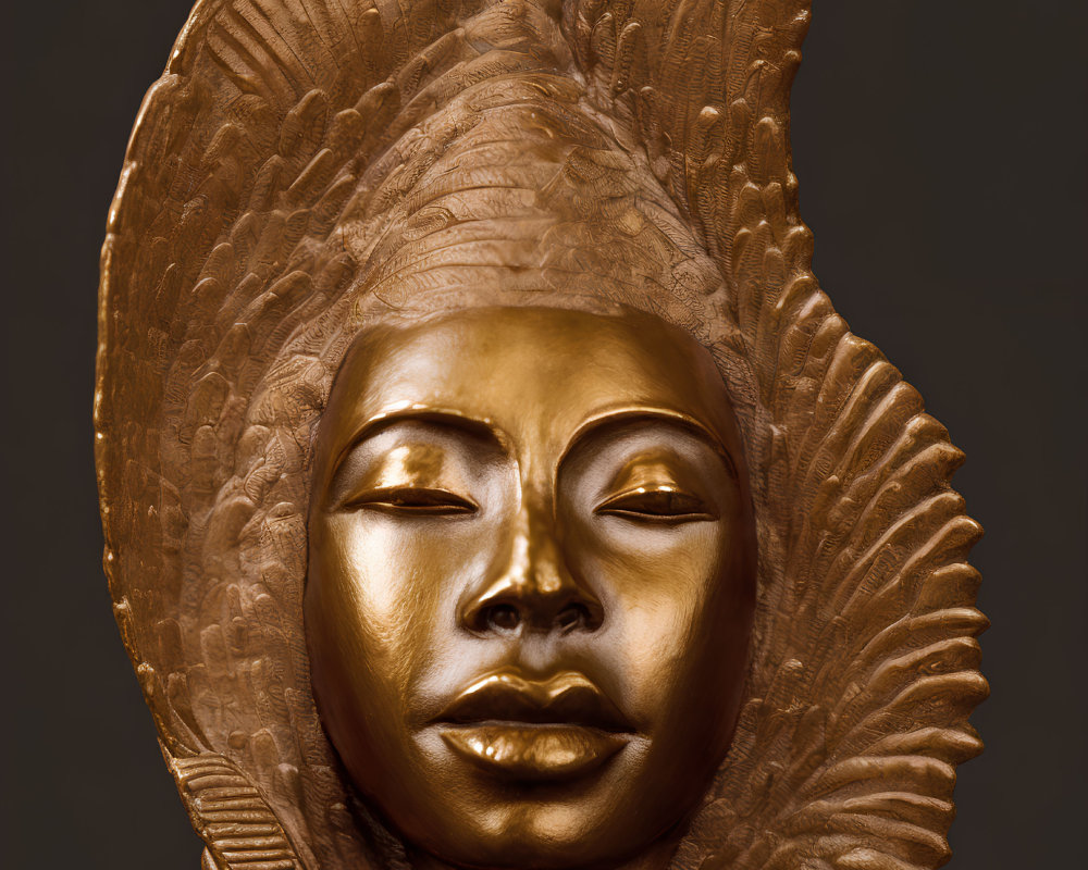 Golden mask with closed eyes and feathered headdress on dark background