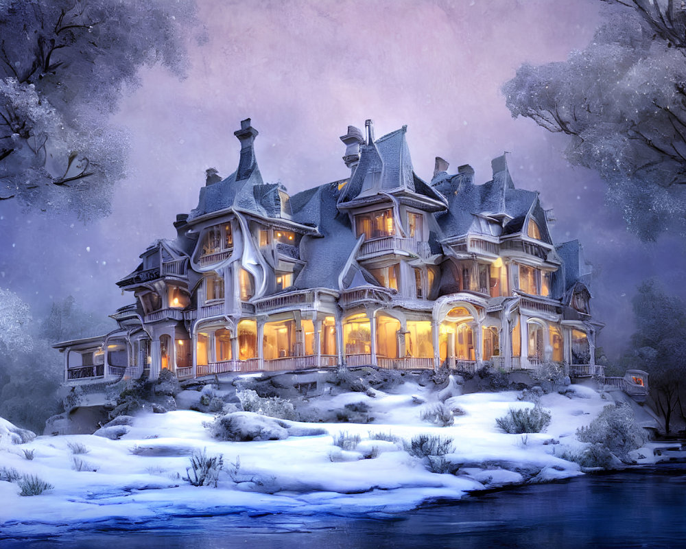 Victorian-style mansion in snowy twilight landscape with river & bare trees