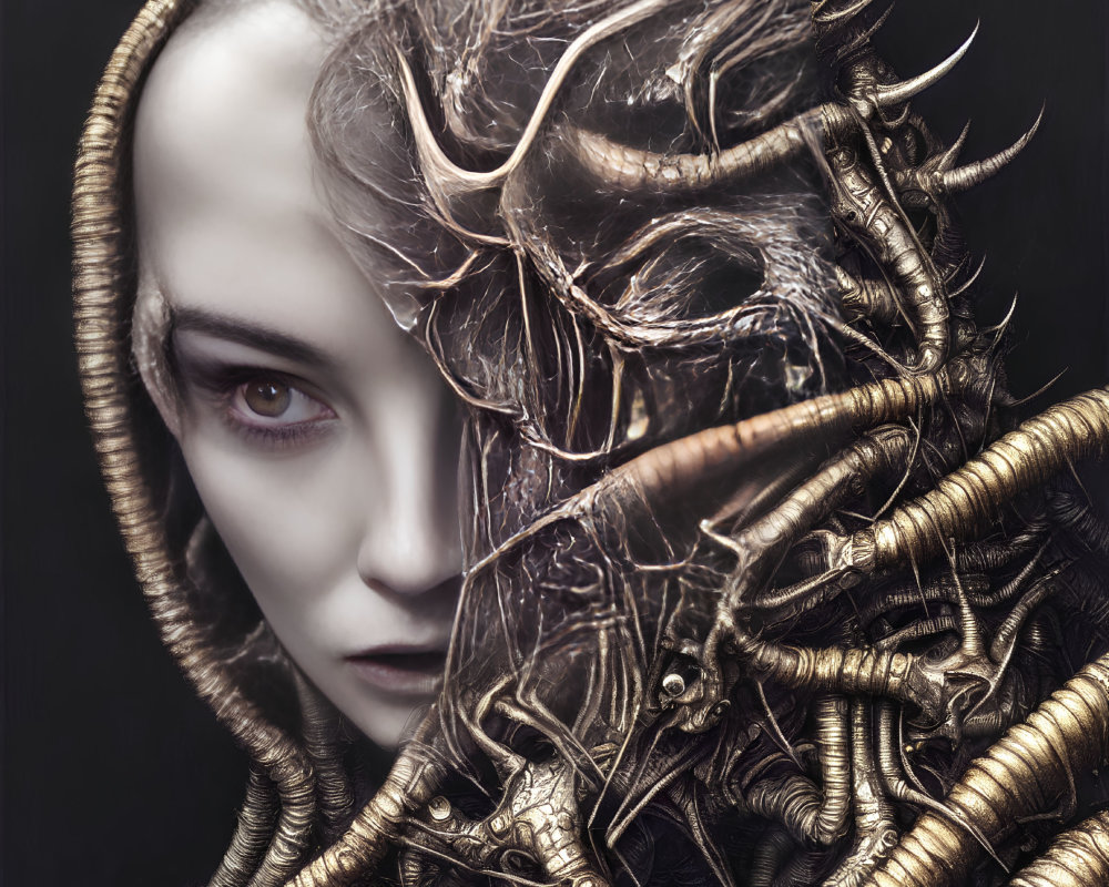 Surreal humanoid figure with pale skin and red eye in hood with metallic tendrils