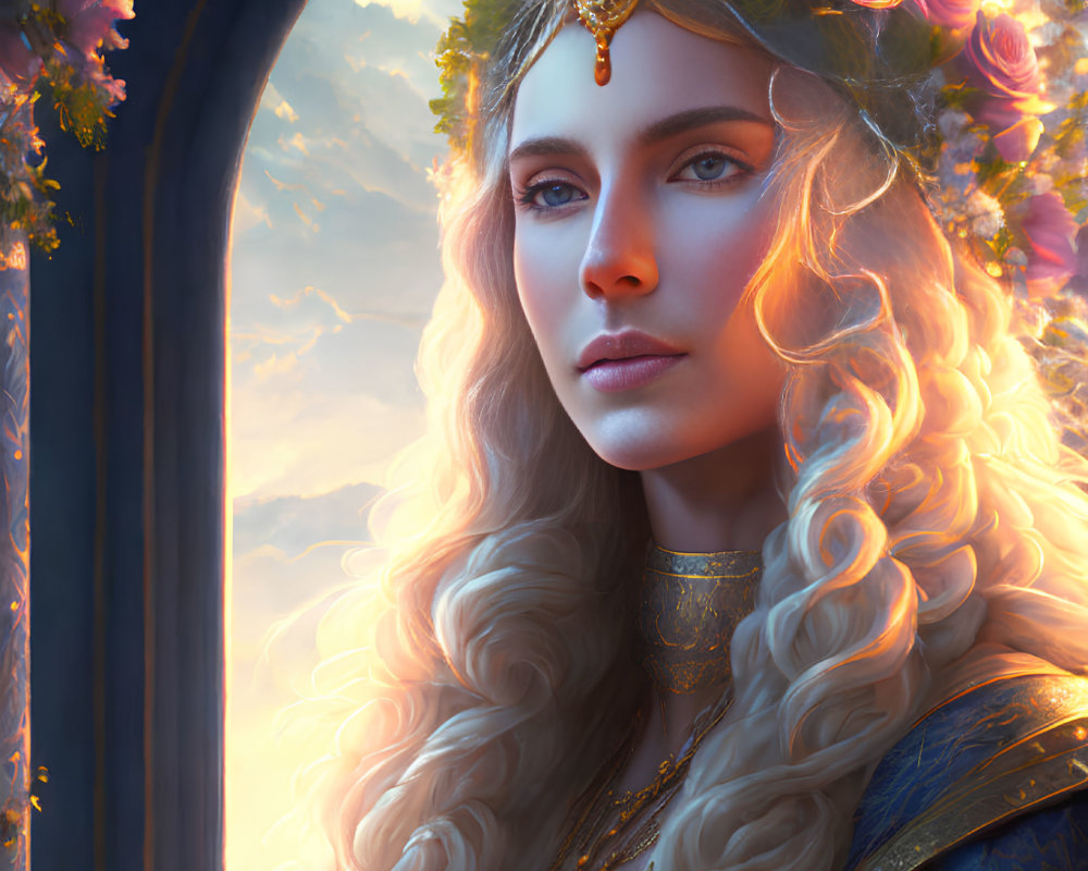 Ethereal woman with golden hair and regal crown in ornate robes