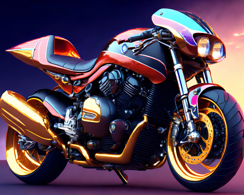 Sleek Orange Motorcycle on Purple and Pink Gradient Background