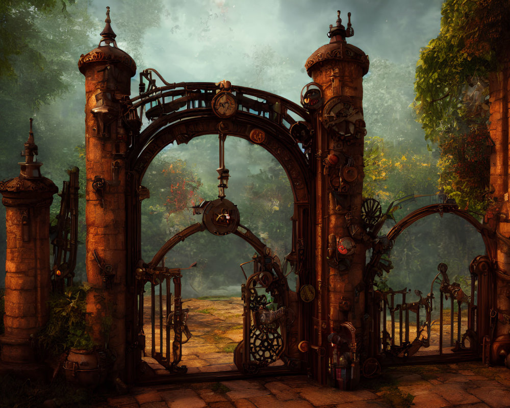 Metal gate with stone pillars in lush forest setting