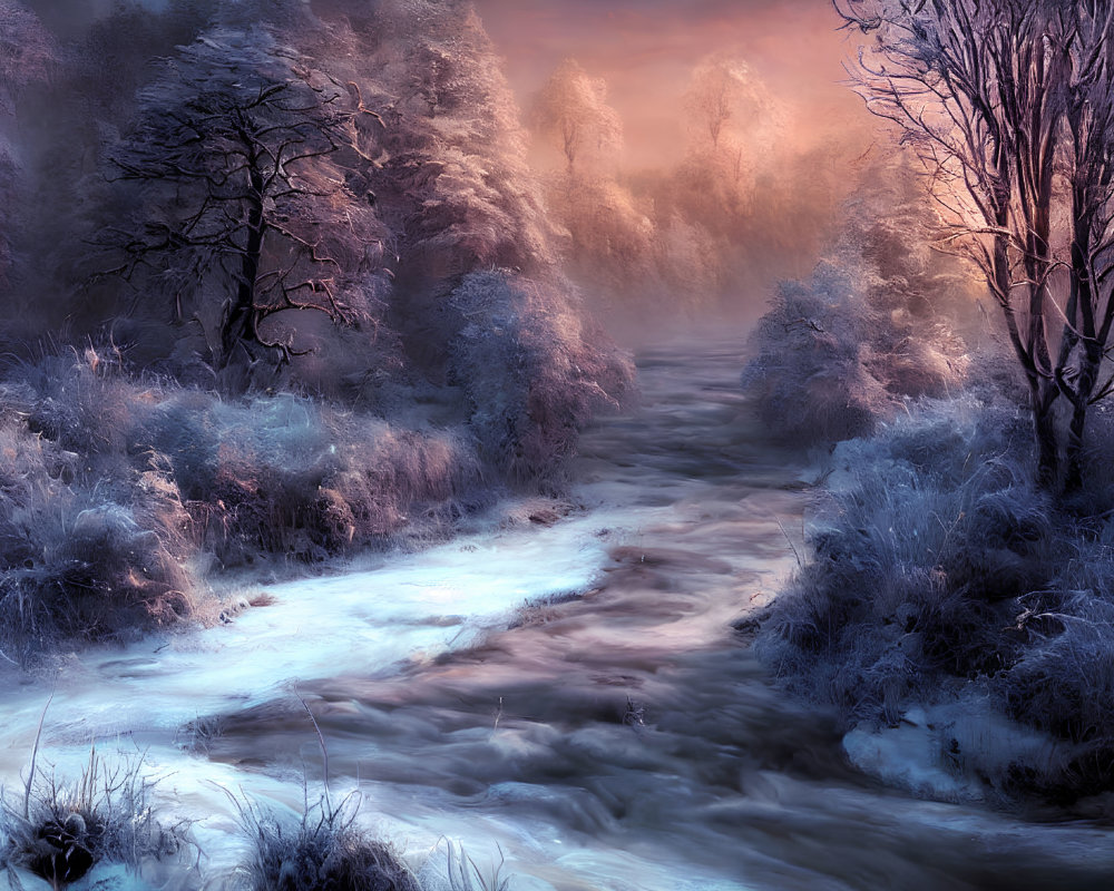 Surreal winter landscape: flowing river, snow-covered grounds, frost-laden trees