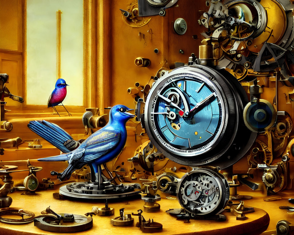 Blue bird surrounded by mechanical clocks and gears on wooden table in warm, golden-lit room