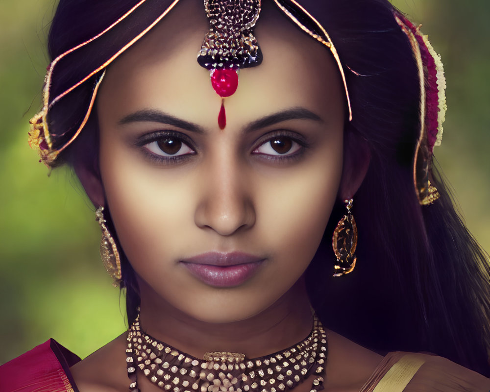 Traditional Indian jewelry on woman with maang tikka, earrings, necklace, red bindi, and