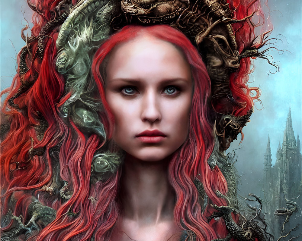 Digital artwork of woman with red hair and pale skin in intricate headdress against blue backdrop with castle sil