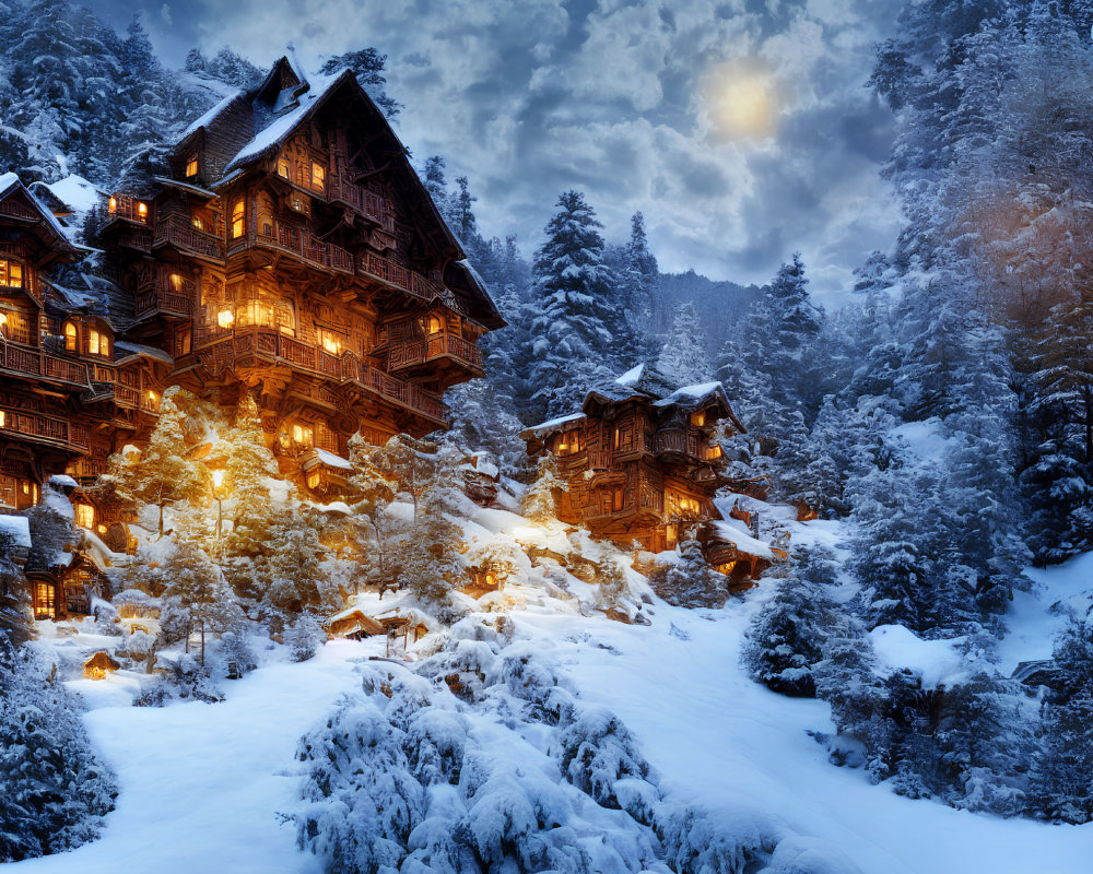 Traditional wooden building in snow-covered twilight scene