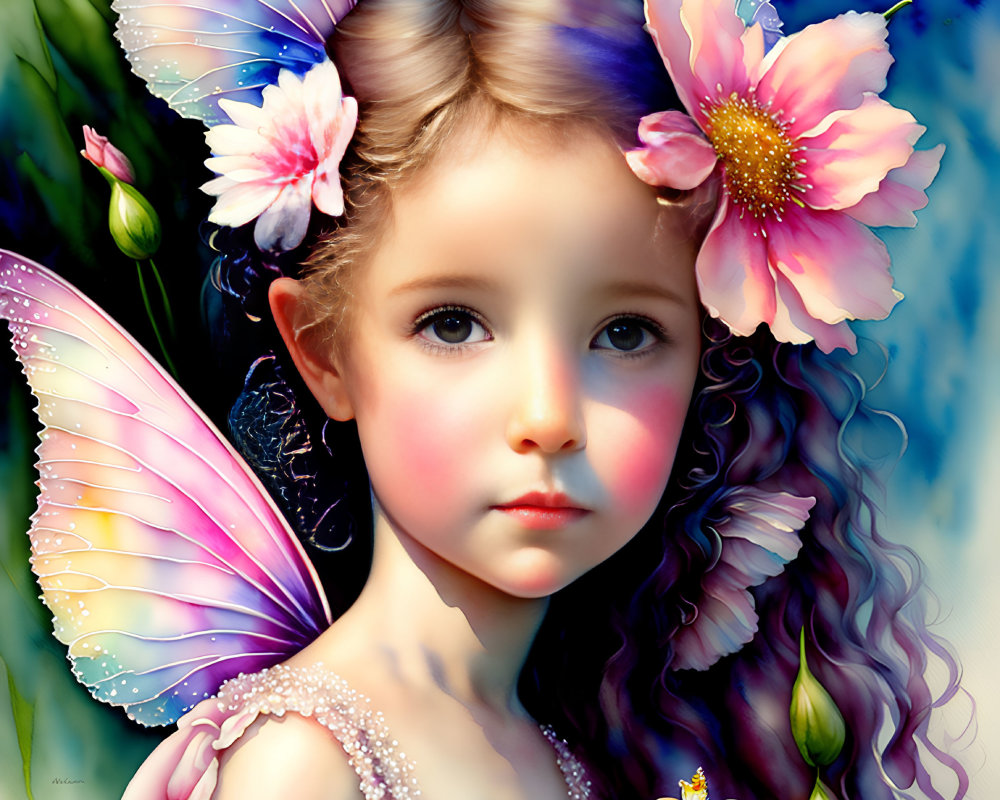 Digital artwork: Young girl with butterfly wings and flower-adorned hair on blue background