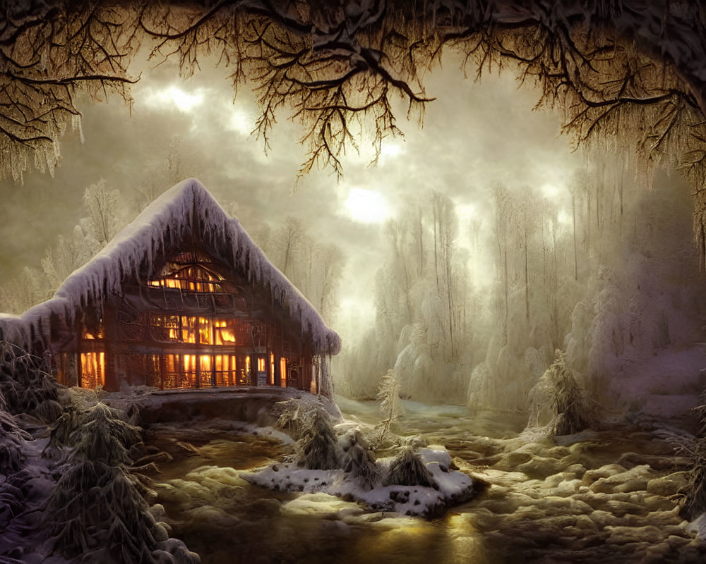 Snowy forest cabin with icicles and stream in enchanted setting