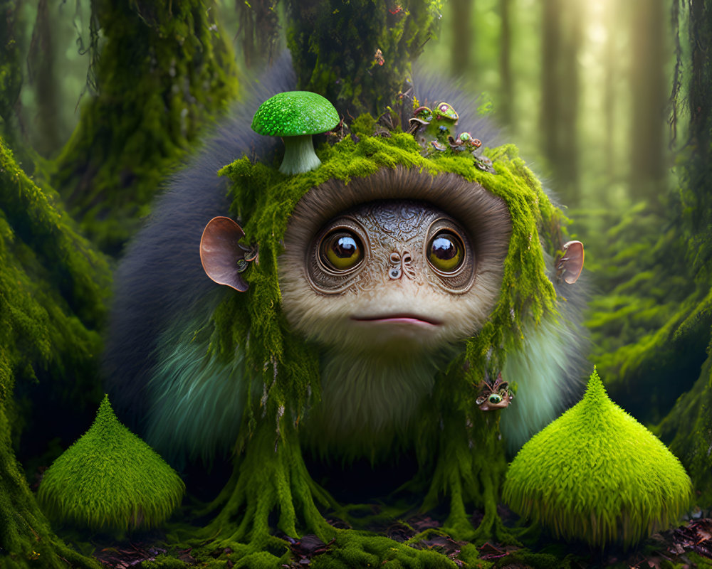 Moss-Covered Monkey Creature with Mushroom Cap and Forest Critters