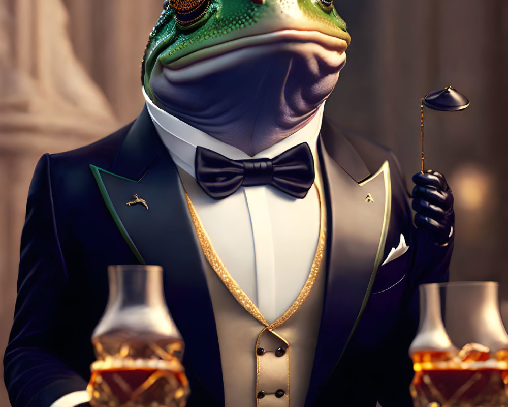 Anthropomorphic frog in tuxedo with monocle and cane at whiskey table