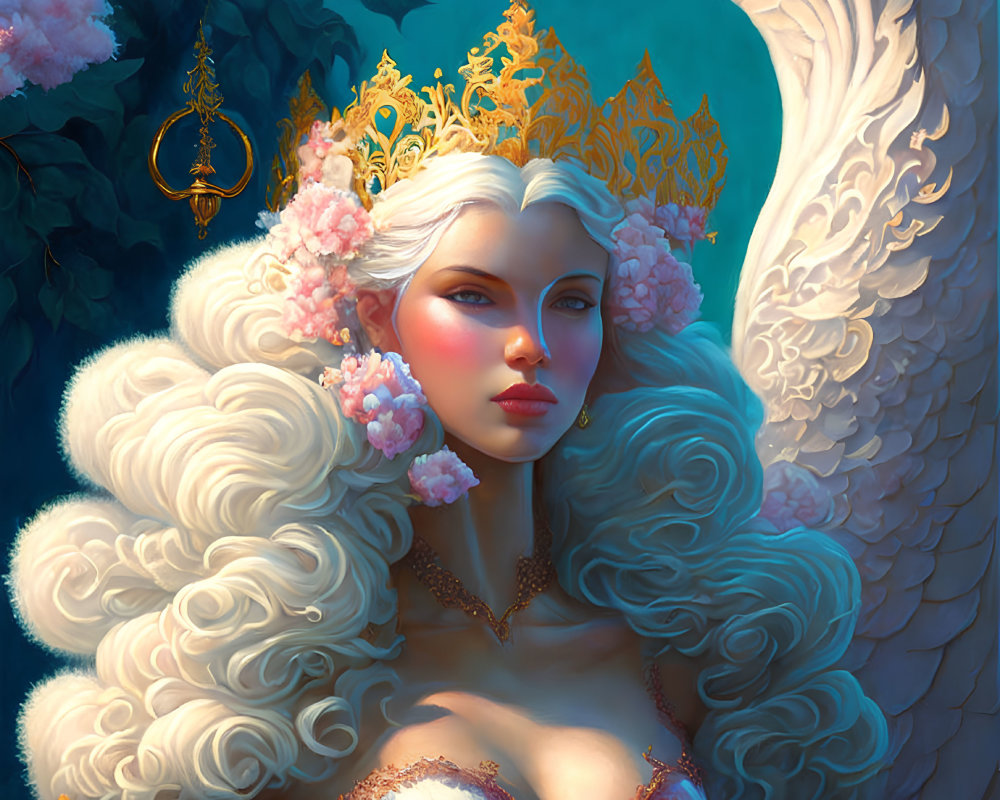 Regal woman with golden crown, surrounded by lush flowers and majestic white swan