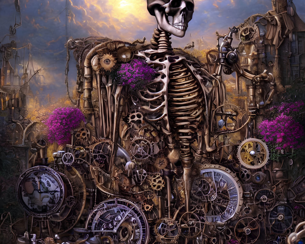 Steampunk-themed artwork featuring skeletal figure and purple flowers