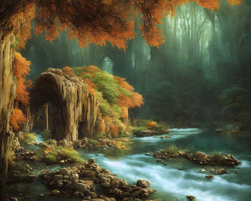 Tranquil forest scene with stone arch bridge over blue river